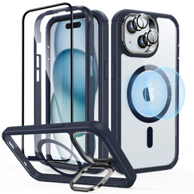 iPhone 15 Armor Tough Case with Stash Stand Protection Bundle clear dark blue