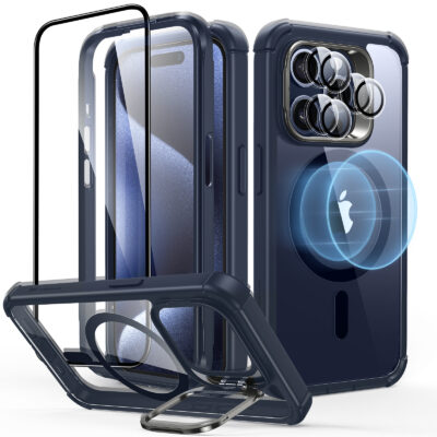 iPhone 15 Pro Armor Tough Case with Stash Stand Protection Bundle clear dark blue