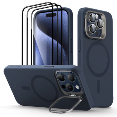 iPhone 15 Pro Max Cloud Soft Case with Stash Stand Protection Bundle dark blue